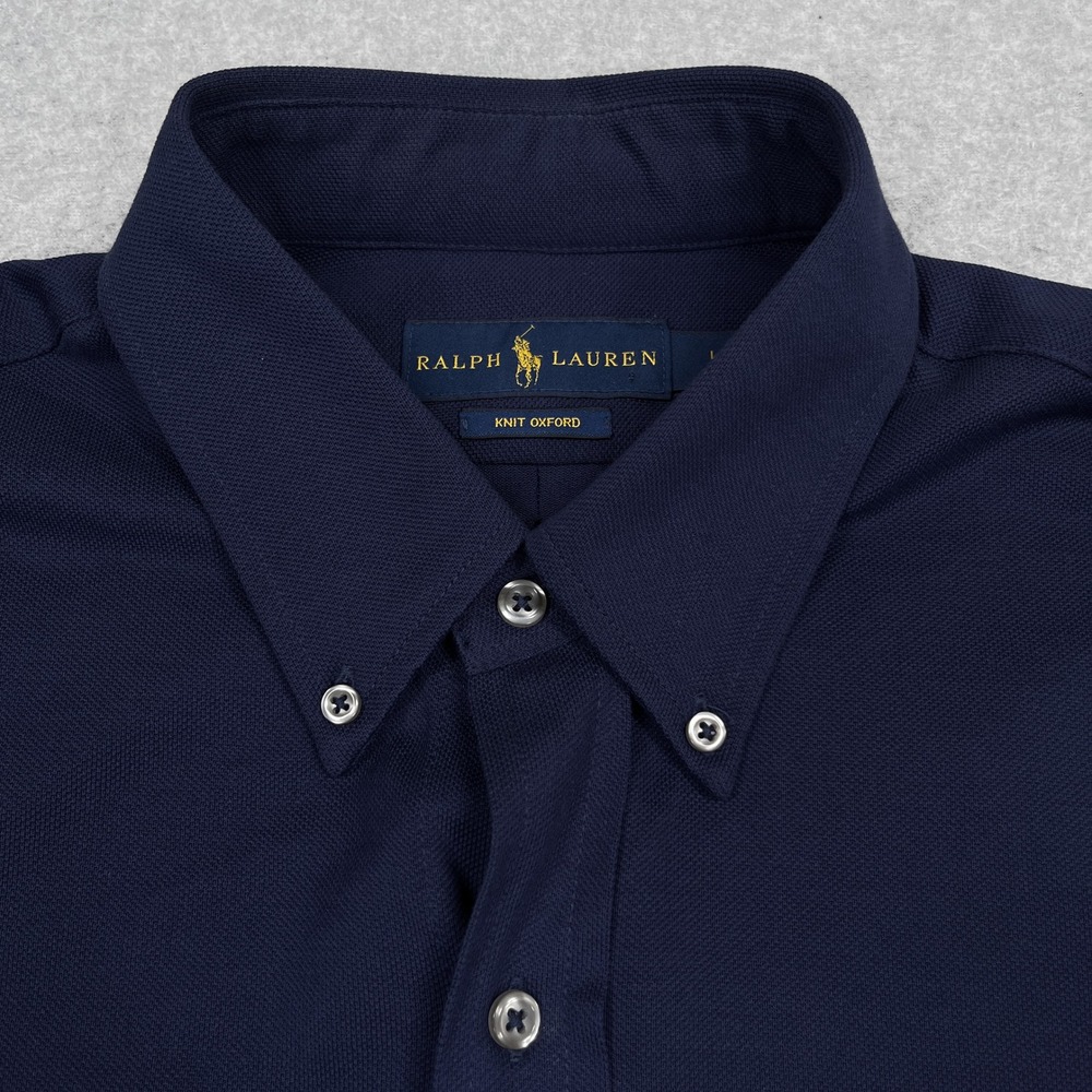 Ralph Lauren Knit Oxford Shirt Mens Large Navy Blue Stretch Flesh Pony Cotton - Picture 8 of 12